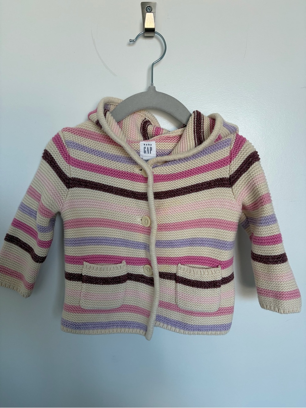 GAP Hooded Striped Knit Cardigan - Cream, Pink & Purple